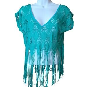 Love Squared green, cropped fringed bathing suit cover up top sz XS Sm